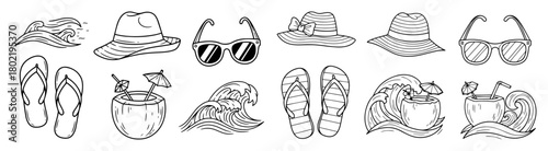 summer beach vacation items hand drawn doodle set