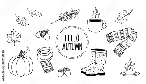 hello autumn cozy fall season doodle set vector