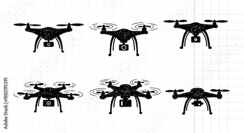 Hand drawn sketch drones on grid background: camera technology and innovation