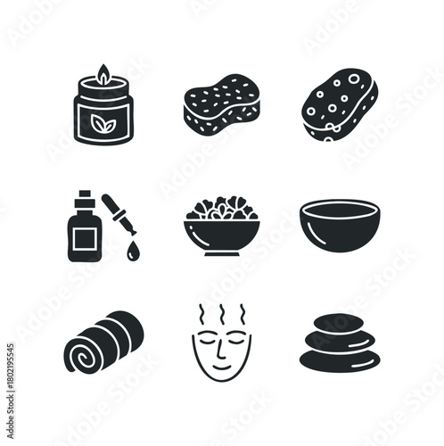 Spa and wellness icons including candle, sponge, and massage stones