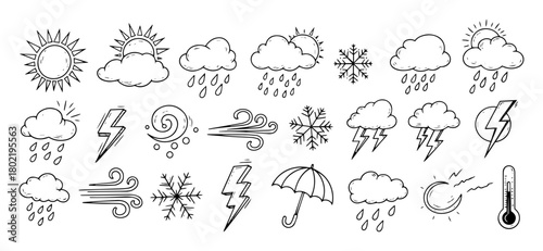big set of hand drawn weather forecast doodle icons vector