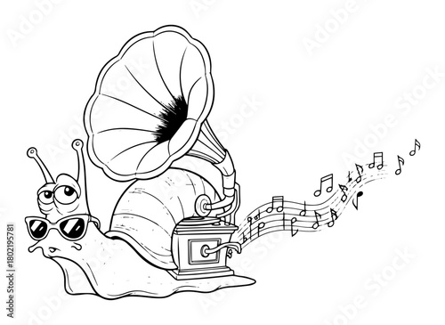 cool snail with gramophone shell listening to music vector cartoon