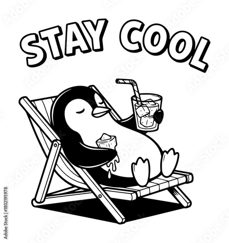 stay cool penguin relaxing on summer beach chair vector illustration