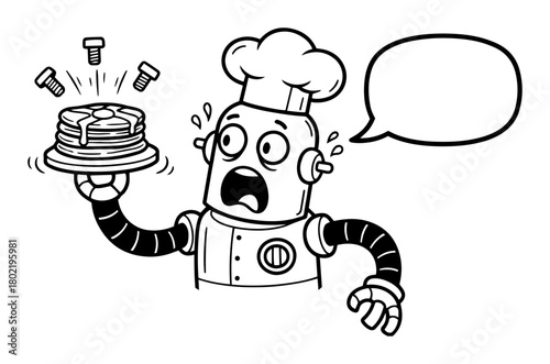 panicked robot chef makes a mistake with pancakes vector cartoon