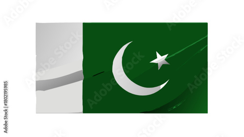 Illustration of the flag of pakistan with a white crescent moon and star on a green field design