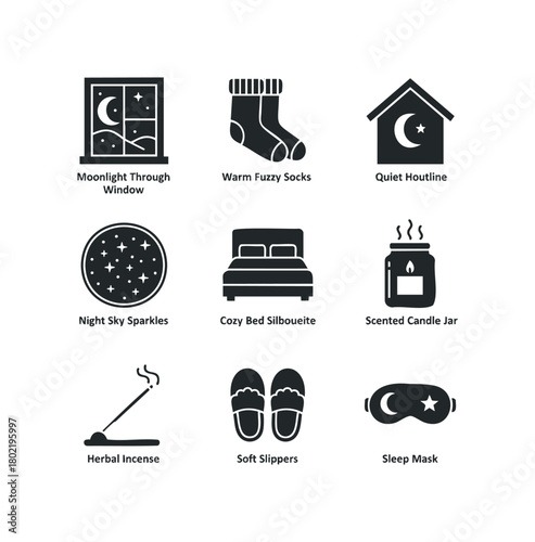 Cozy nighttime routine icons including moon, stars, socks, bed, candle, incense, slippers