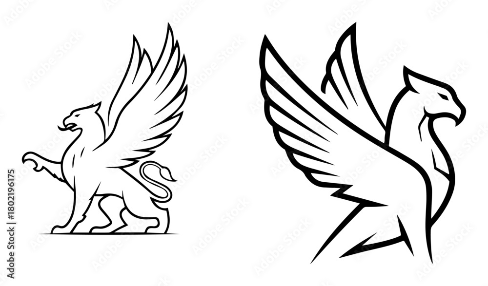 Obraz premium mythical griffin gryphon heraldic logo set line art