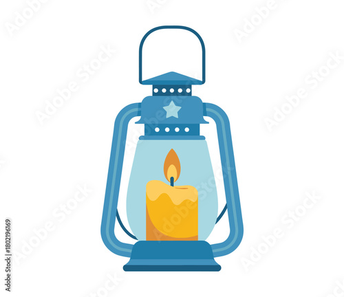 A vintage blue kerosene lantern with a lit candle inside is depicted against a white background.
