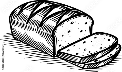Freshly sliced loaf of bread hand drawn artisan bakery product illustration, whole grain rustic food sketch