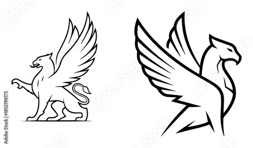 mythical griffin gryphon heraldic logo set line art