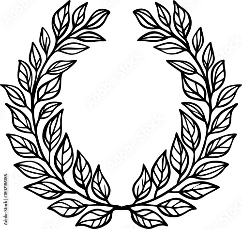Laurel wreath outline with detailed leaves, classic symbol of victory, achievement and honor