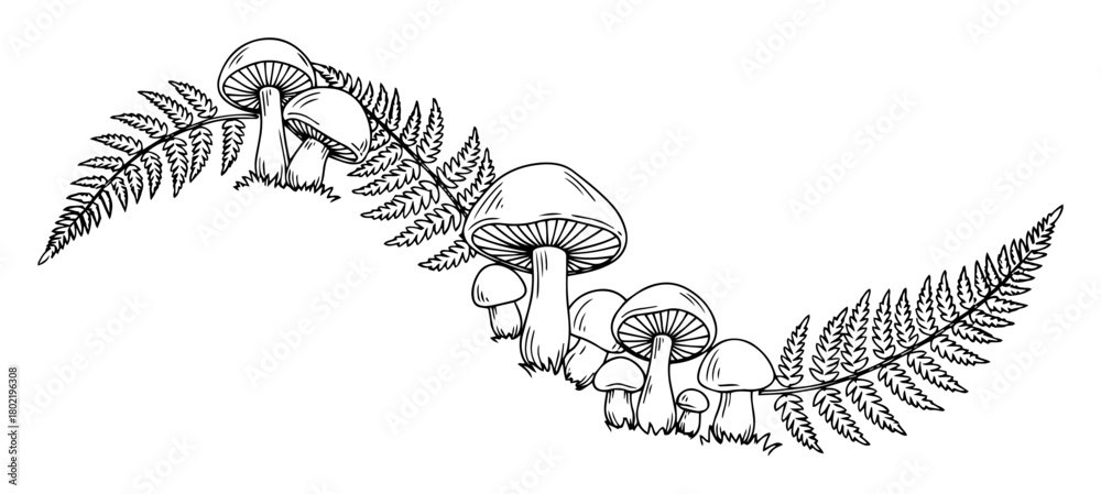 Naklejka premium hand drawn mushrooms and fern leaves decorative composition