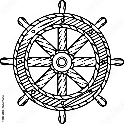 Vintage wooden ship wheel illustration nautical steering helm, maritime marine navigation control symbol, hand drawn