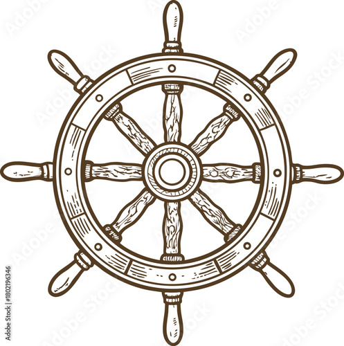 Vintage wooden ship wheel illustration nautical marine steering helm, hand drawn maritime navigation symbol