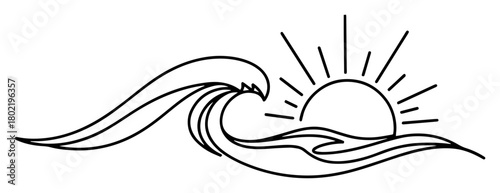 simple ocean wave and sun line art logo vector illustration