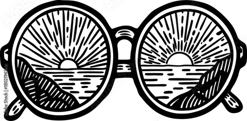 Round sunglasses reflecting scenic sunset over sea with mountains, vintage retro summer adventure concept