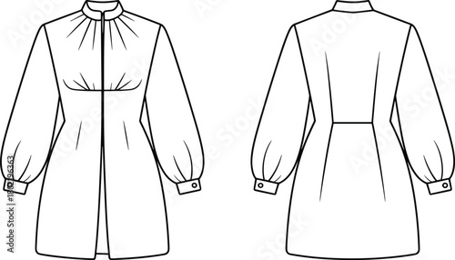 Technical sketch of women's gathered yoke dress, front and back view, bishop sleeve design, fashion illustration, garment template, vector drawing, clothing layout