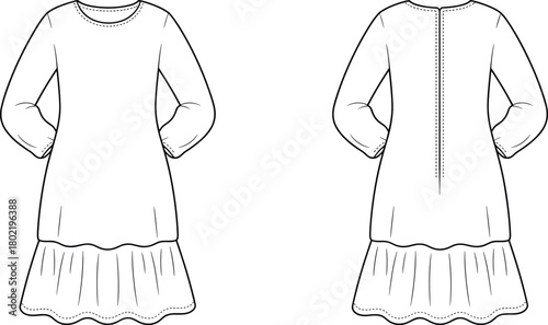 Technical flat sketch, tiered dress design, puff sleeve, round neckline, front and back view, fashion illustration, garment construction, vector template