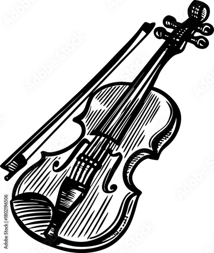 Classic wooden violin and bow illustration with elegant lines musical instrument for orchestra, strings, symphony, performance