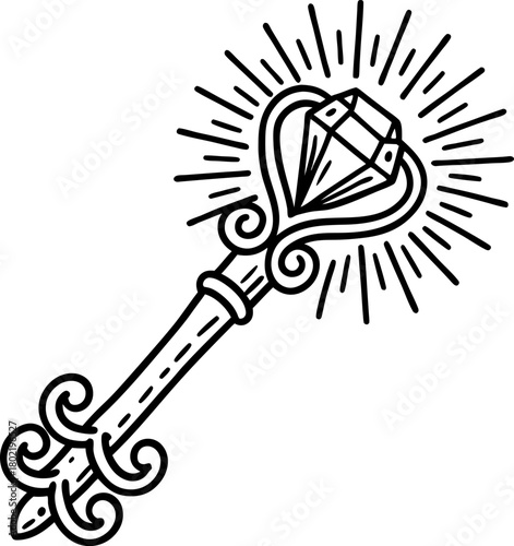 Royal jeweled scepter illustration with radiant gemstone ornate magical wand symbolizing authority, power, fantasy