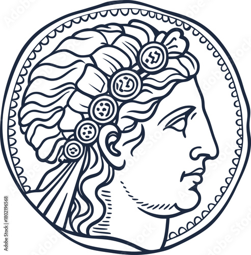 Ancient coin with profile of classical man vintage engraving, antique currency, greek or roman art