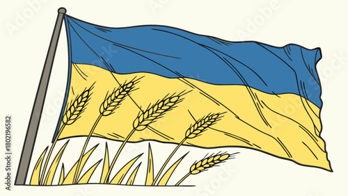 Illustration of ukrainian flag waving with wheat stalks in the foreground on a light background