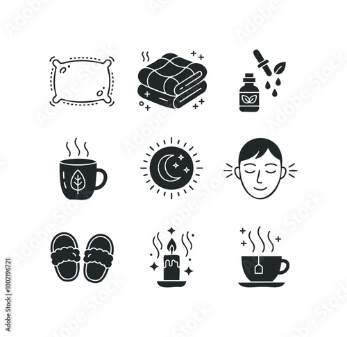 Relaxation and self-care icons for sleep and comfort