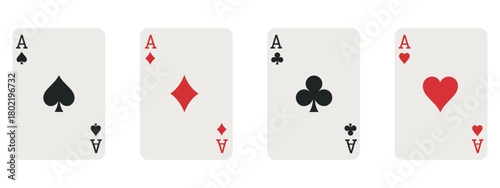 Set of all four suits of aces playing cards including hearts, diamonds, clubs and spades in vector, perfect for poker illustrations, casino graphics, card game designs, and gambling artwork projects.