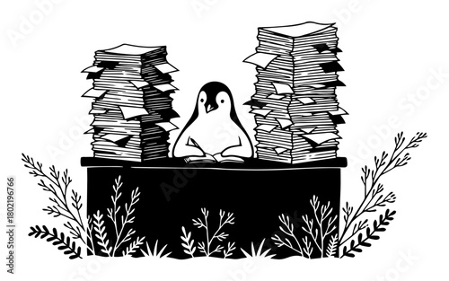 penguin at desk with stacks of paperwork office concept
