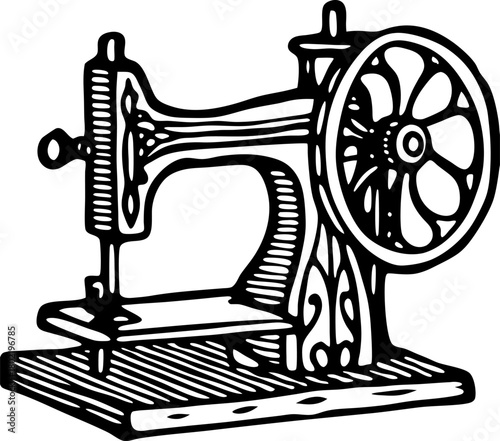 Vintage mechanical sewing machine illustration with ornate details, hand crank, and classic design on white background