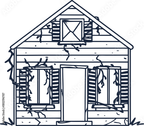 Old abandoned wooden house with broken shutters and creeping vines, vintage rural architecture illustration