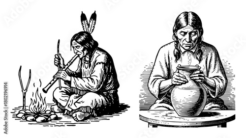native american people making pottery and playing flute vintage illustration set