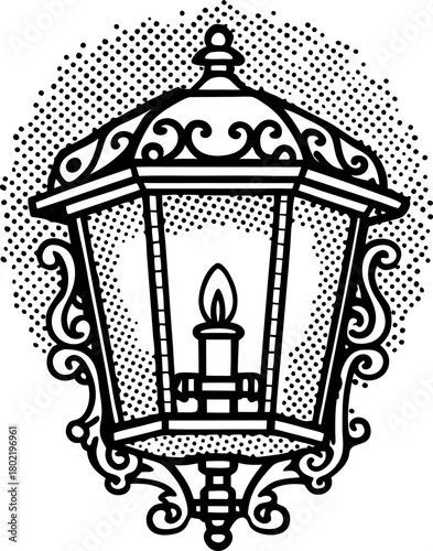 Vintage lantern illustration with ornate metalwork classic outdoor lamp, intricate decorative design, black and white drawing