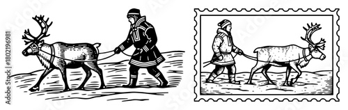 arctic native person with reindeer vintage postage stamp illustration