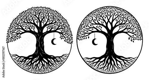 celtic tree of life yggdrasil with moon symbol vector set