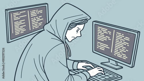 Person in hoodie typing on keyboard with two monitors displaying code on a light blue background