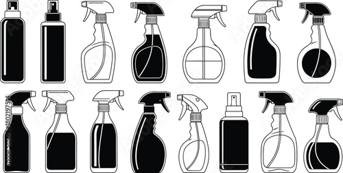 Vector illustration of cleaning spray bottles, trigger sprayer and pump containers, household detergent chemical packaging set, black silhouette, isolated icons, flat style, line art design