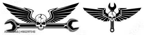 winged skull with wrench biker emblem vector set