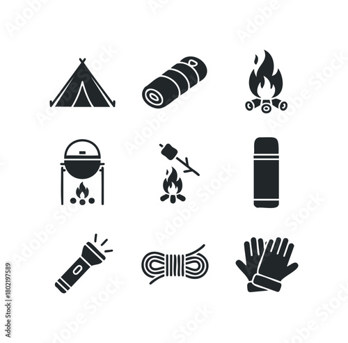 Camping gear icons showing tent, sleeping bag, campfire, and lantern