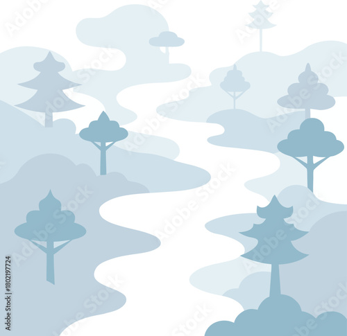 Dreamlike mist valley pattern with layered trees