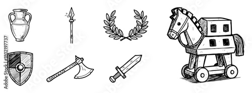 ancient greece and rome doodle icons set vector black shape