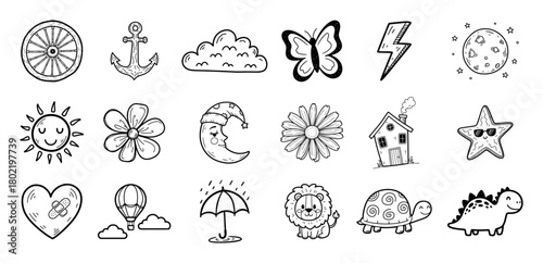 big set of various cute random hand drawn doodles engraving vector black shape sketch