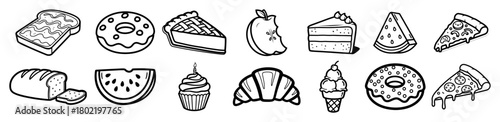 food and dessert doodle icons set vector black shape