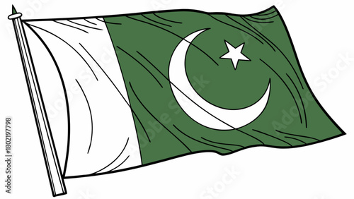 Illustration of a waving pakistan national flag with a white crescent and star on a green field