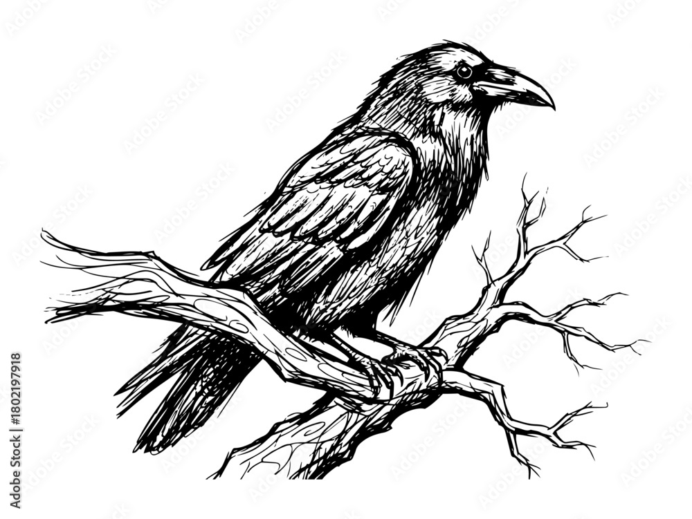 Obraz premium raven on a tree branch sketch vector black shape