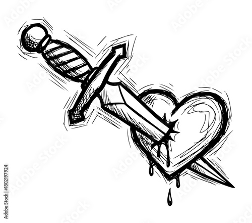 dagger piercing a bleeding heart sketch vector black shape