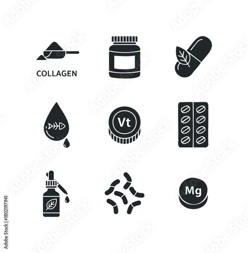 Collagen supplement icons with dropper bottle and pill blister