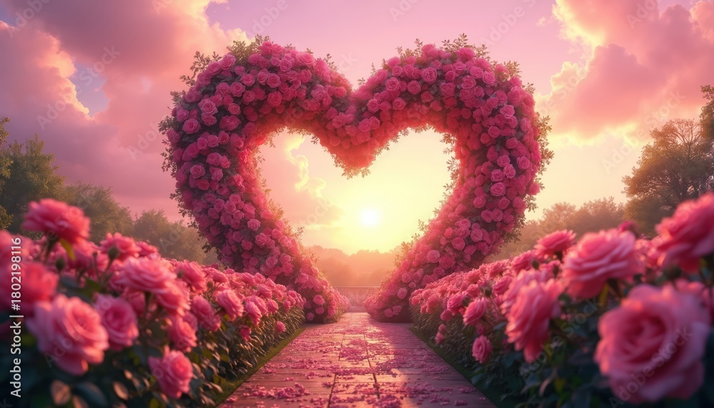 Naklejka premium Rose garden forms heart shape archway. Pink roses bloom pathway at sunset. Sunlight filters through clouds, creating magical, romantic atmosphere. Lush green trees border scene.