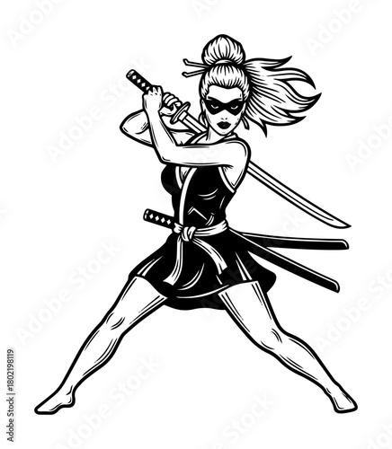 sexy female ninja warrior with swords vintage engraving vector black shape sketch
