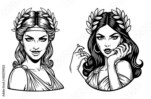 beautiful ancient greek goddess woman with laurel wreath portraits engraving vector black shape sketch